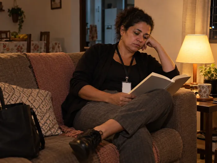 Mulher cansada no sofá à noite, ainda de sapato, lendo uma página de um livro
