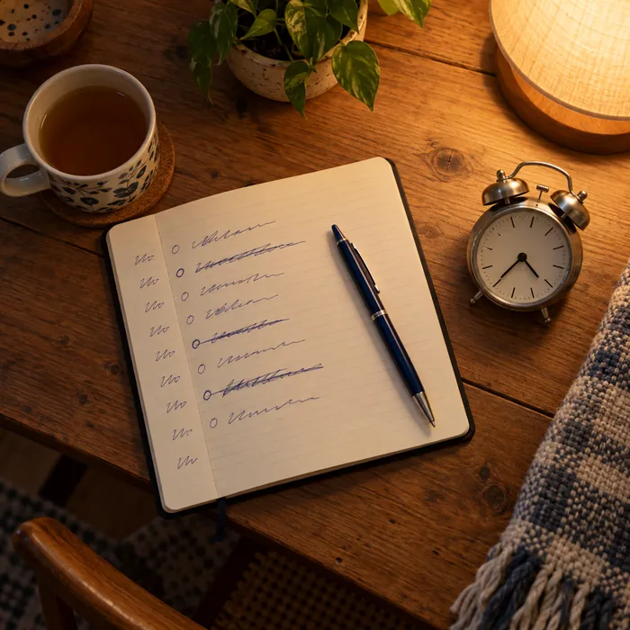 Caderno aberto com uma lista de tarefas escritas à mão, com horários na margem e algumas riscadas, uma caneta e um despertador