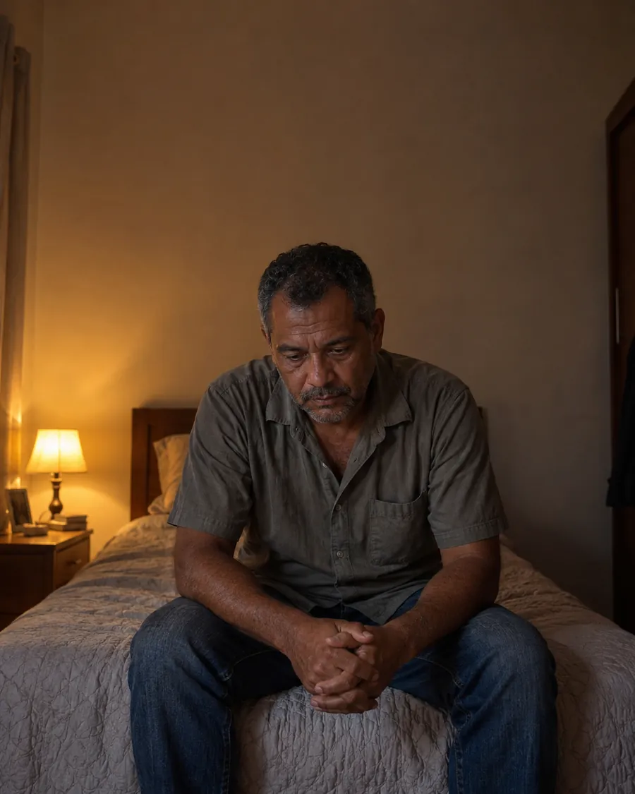 Imagem ilustrativa: homem sentado na beira da cama à noite, com a luz do abajur, olhando pro chão