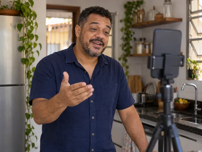 Homem de camisa azul-marinho na cozinha, falando para o celular preso num tripé