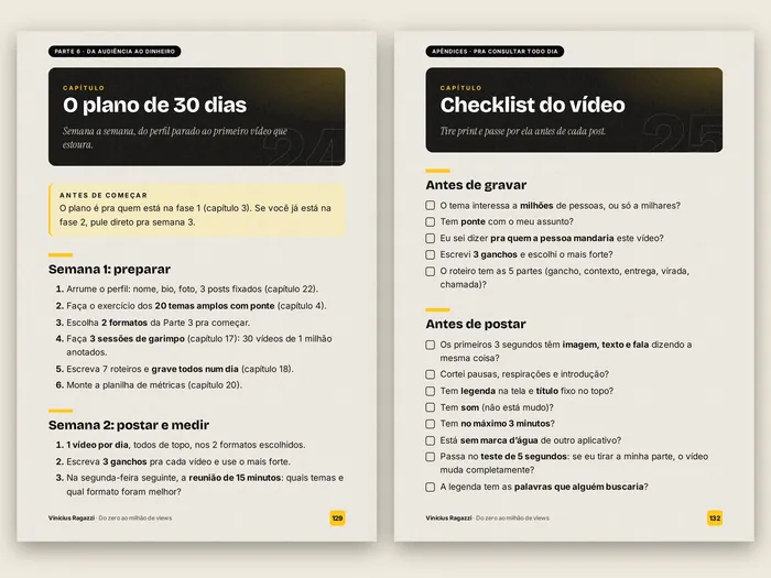Duas páginas do e-book: o plano de 30 dias semana a semana e o checklist do vídeo