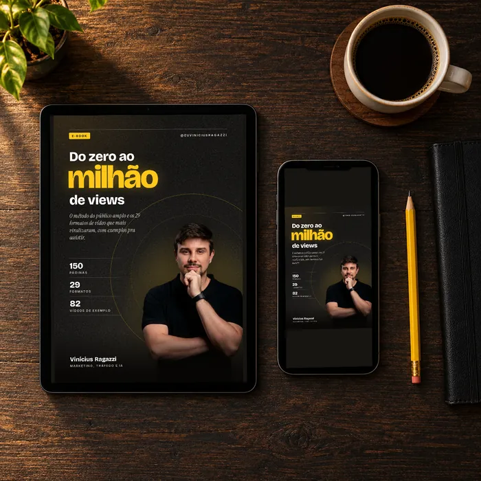 Tablet e celular sobre uma mesa de madeira escura, os dois abertos na capa do e-book com a foto de Vinícius Ragazzi, ao lado de uma xícara de café e um lápis amarelo