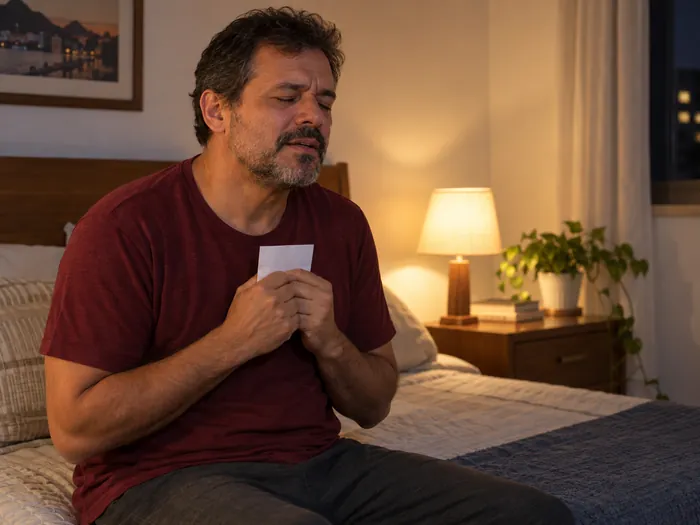 Homem de camiseta vinho na beira da cama à noite, de olhos fechados, segurando um papel dobrado junto ao peito