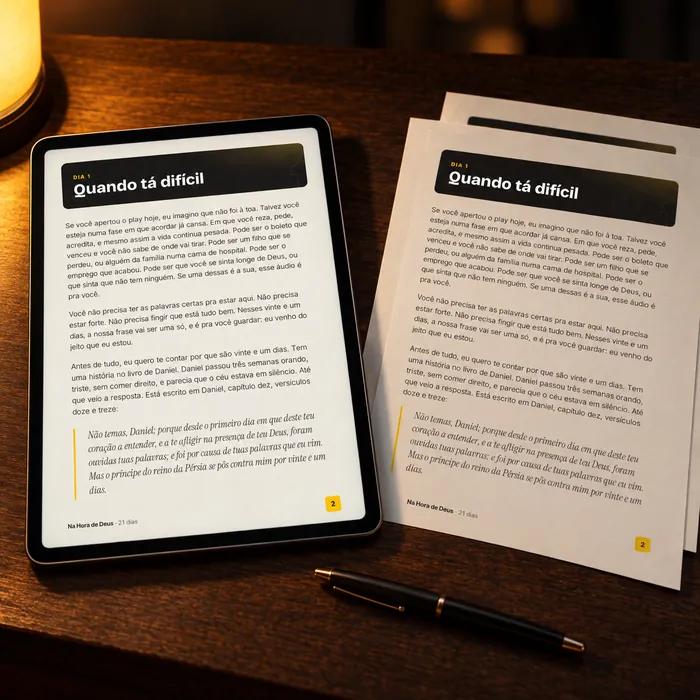 Tablet aberto na página do dia 1, “Quando tá difícil”, com folhas impressas e uma caneta ao lado